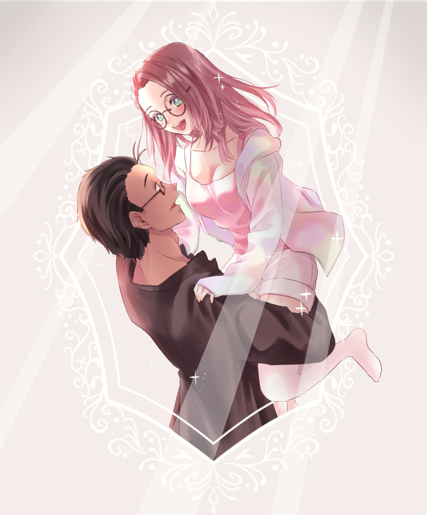 1boy, 1girl, black_hair, blush, brown_eyes, brown_hair, carrying, cleavage