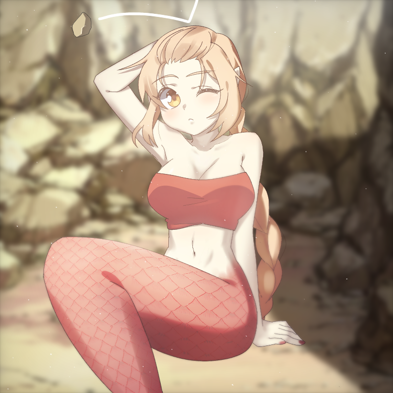 1girl, :<, bangs_pinned_back, belly_button, blonde_hair, blush, braid, braided_ponytail