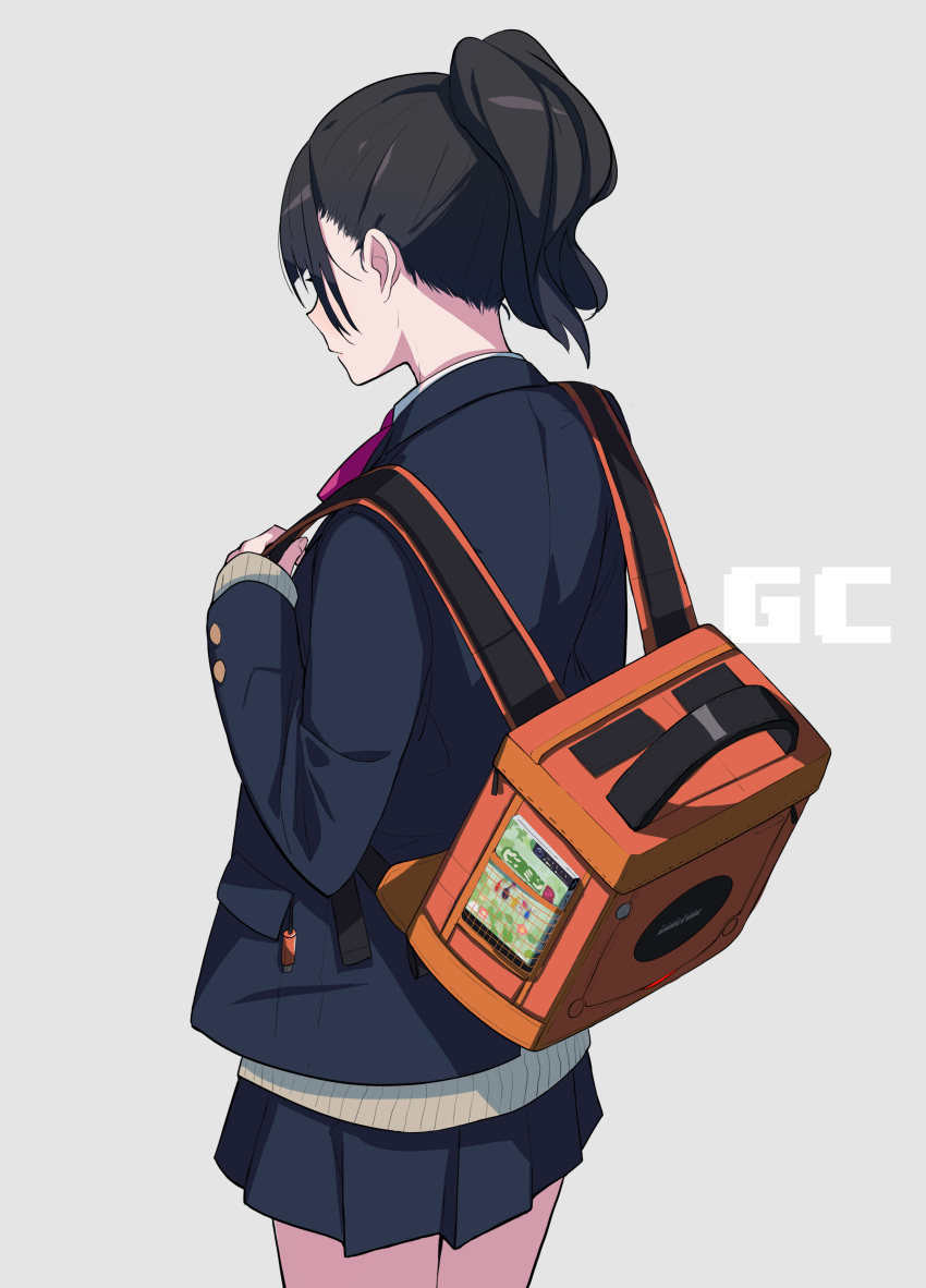 1girl, absurdres, back, backpack, bag, beige_sweater, black_hair, blazer