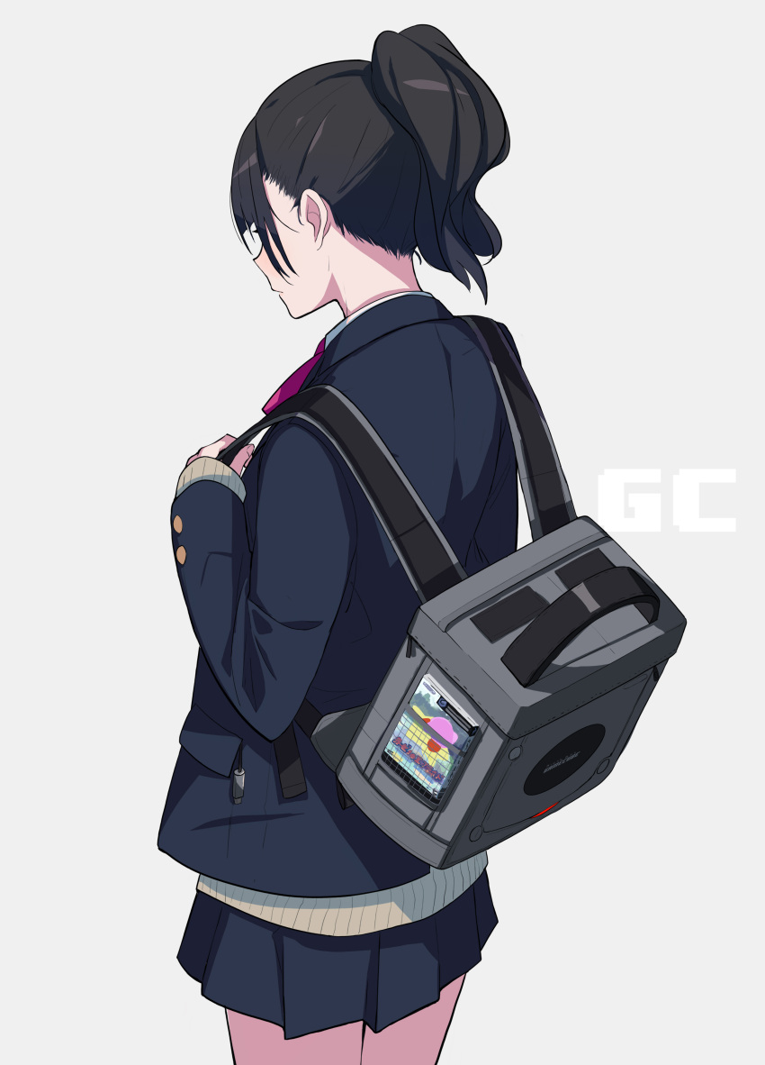 1girl, absurdres, back, backpack, bag, beige_sweater, black_hair, blazer, blue_background, blush, book, cable, character_print, commentary_request, covered_eyes, cowboy_shot, fami_(yellow_skies), game_console, game_cover, gamecube, gamecube_controller, grey_backpack, hal_laboratory_inc., highres, holding, holding_bag, hoshi_no_kirby, in_pocket, jacket, kirby, kirby_(series), kirby_air_ride, kirby_no_ea_raido, long_hair, neck_ribbon, nintendo, original, original_character, pink_neckwear, pleated_skirt, ponytail, ribbon, school_uniform, shiny, shiny_hair, simple_background, skirt, sleeves_past_wrists, sweater
