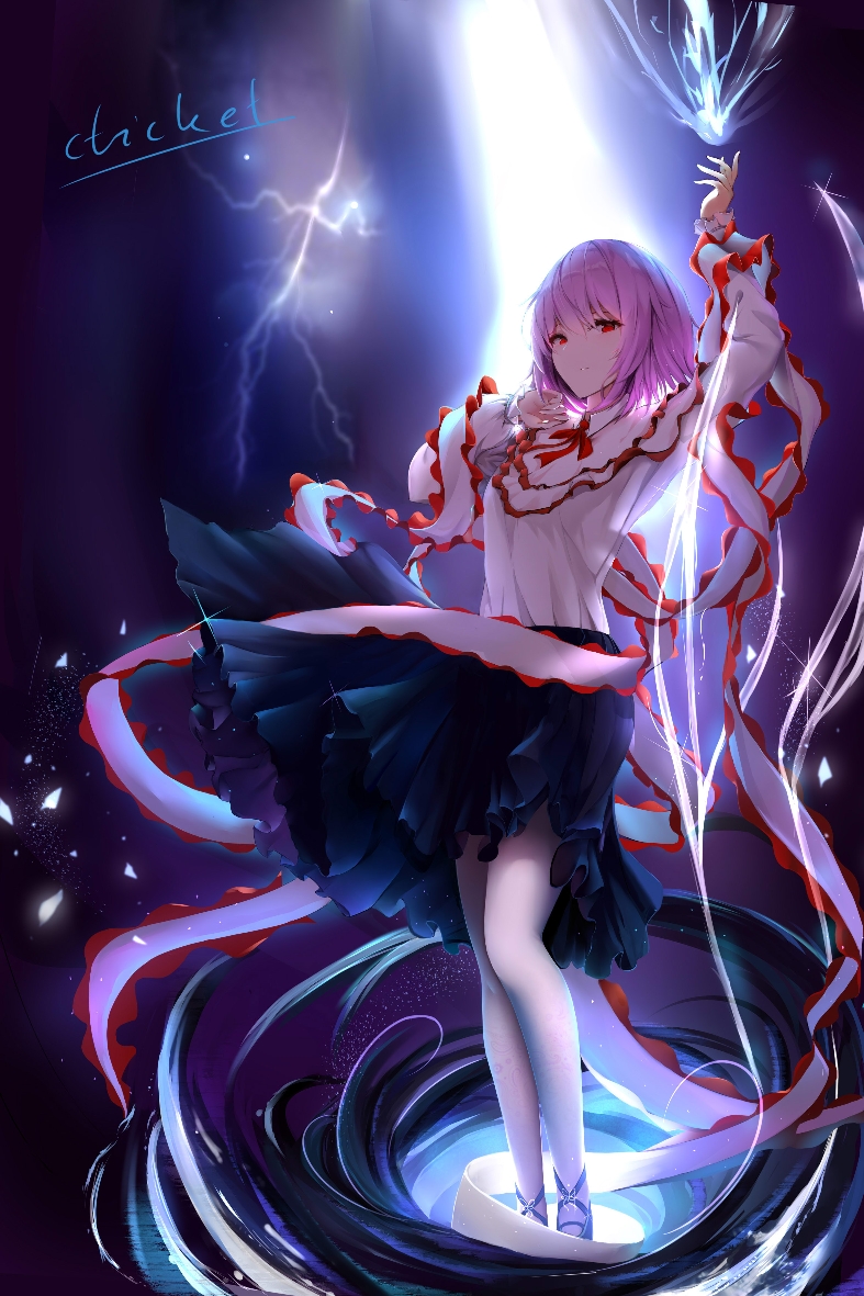 1girl, arm_up, artist_name, bangs, black_skirt, blue_footwear, commentary_request, cticket