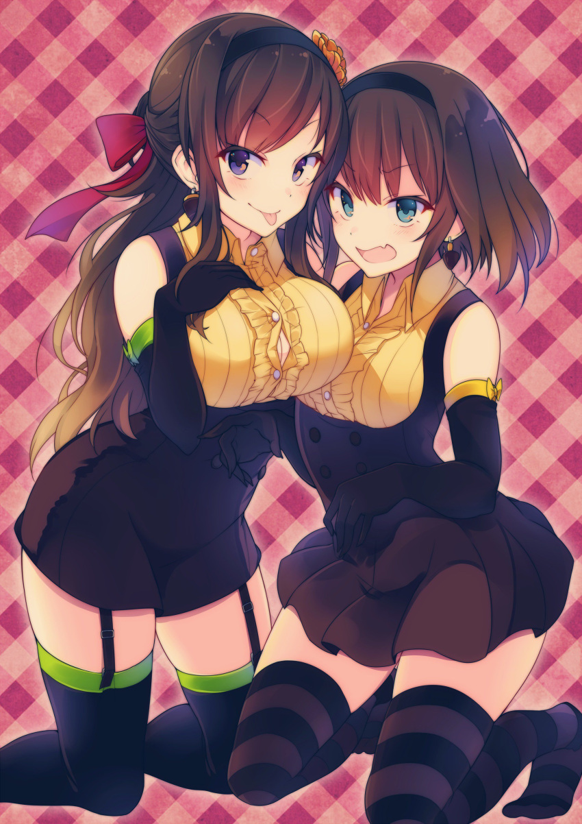 2girls, :p, absurdres, bangs, black_gloves, black_hairband, black_legwear, black_skirt