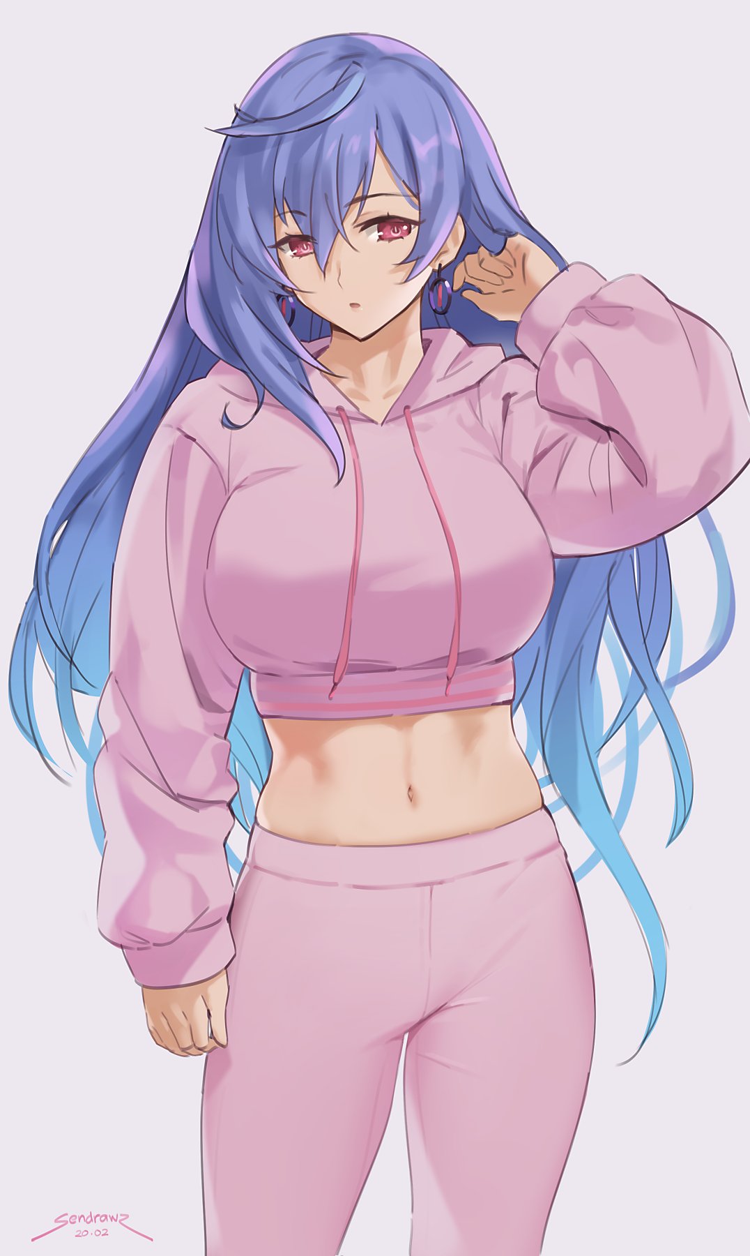 1girl, arm_up, bangs, blue_hair, breasts, crop_top, earrings, eyebrows_visible_through_hair