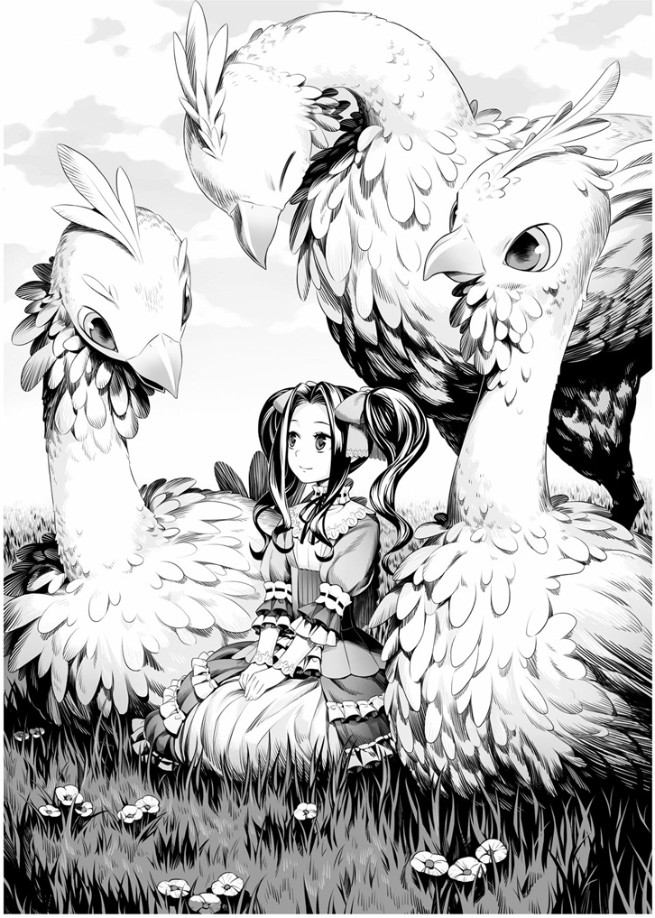 1girl, bird, bow, closed_mouth, dress, greyscale, hair_bow, hair_intakes