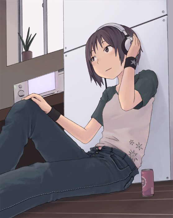 blue_jeans, brown_eyes, brown_hair, can, headphones, jeans, masaru, open_zipper, raglan_sleeves, short_hair, sitting, wristband, wristbands, zipper