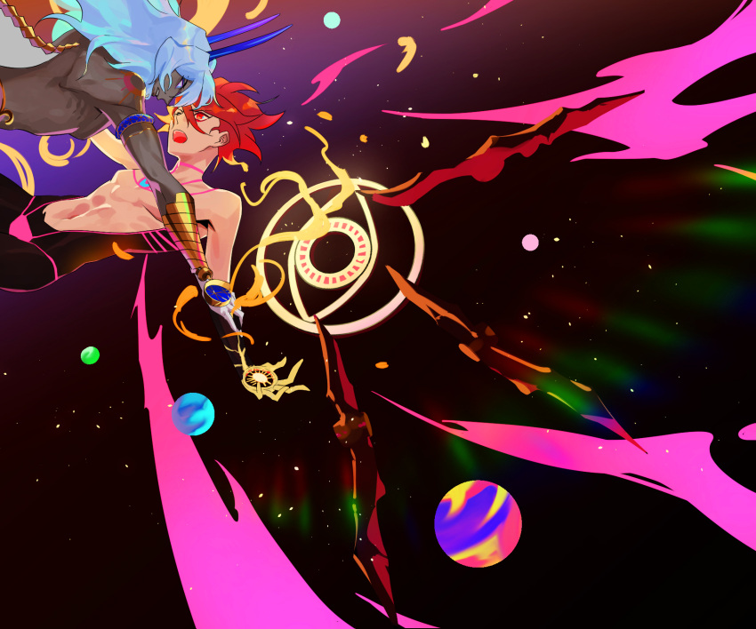2boys, 676643396dolce, alternate_costume, arjuna_alter, blue_hair, burning_garment_of_three_gods, chest_tattoo, dark_skin