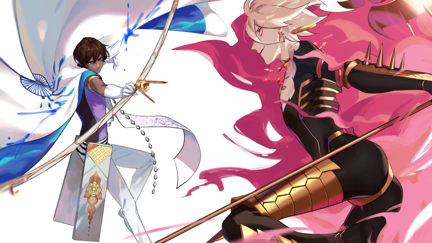 2boys, 676643396dolce, agni_gandiva, arjuna_(fate/grand_order), bodysuit, bow_(weapon), brown_hair, cape