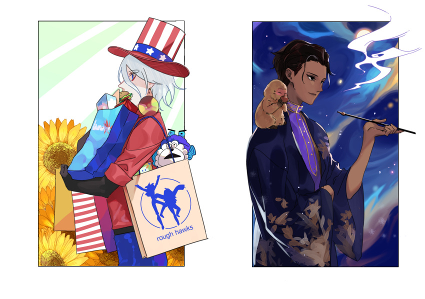 2boys, 676643396dolce, alternate_hairstyle, american_flag, american_flag_print, animal, animal_on_shoulder, arjuna_alter