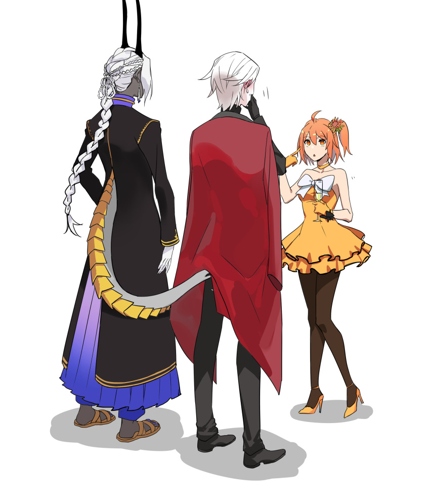 1girl, 2boys, 676643396dolce, absurdres, ahoge, alternate_hairstyle, arjuna_alter, braid