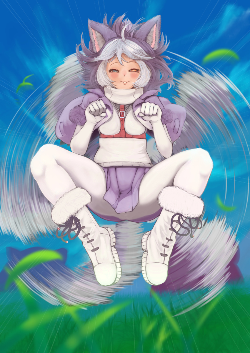 1girl, absurdres, afterimage, animal_ears, blue_eyes, bodystocking, boots, commentary_request, day, dog_(mixed_breed)_(kemono_friends), dog_ears, dog_girl, dog_tail, emphasis_lines, floating_hair, full_body, fur-trimmed_sleeves, fur_trim, gakukuru, grass, grey_hair, half-closed_eyes, hands_up, harness, heterochromia, highres, jacket, kemono_friends, knees_up, lips, looking_at_viewer, medium_hair, microskirt, midair, motion_blur, multicolored_hair, open_clothes, open_jacket, orange_eyes, outdoors, pantyhose, parted_lips, paw_pose, short_sleeves, skirt, smile, solo, spread_legs, sweater_vest, tail, tail_wagging, two-tone_hair, white_hair