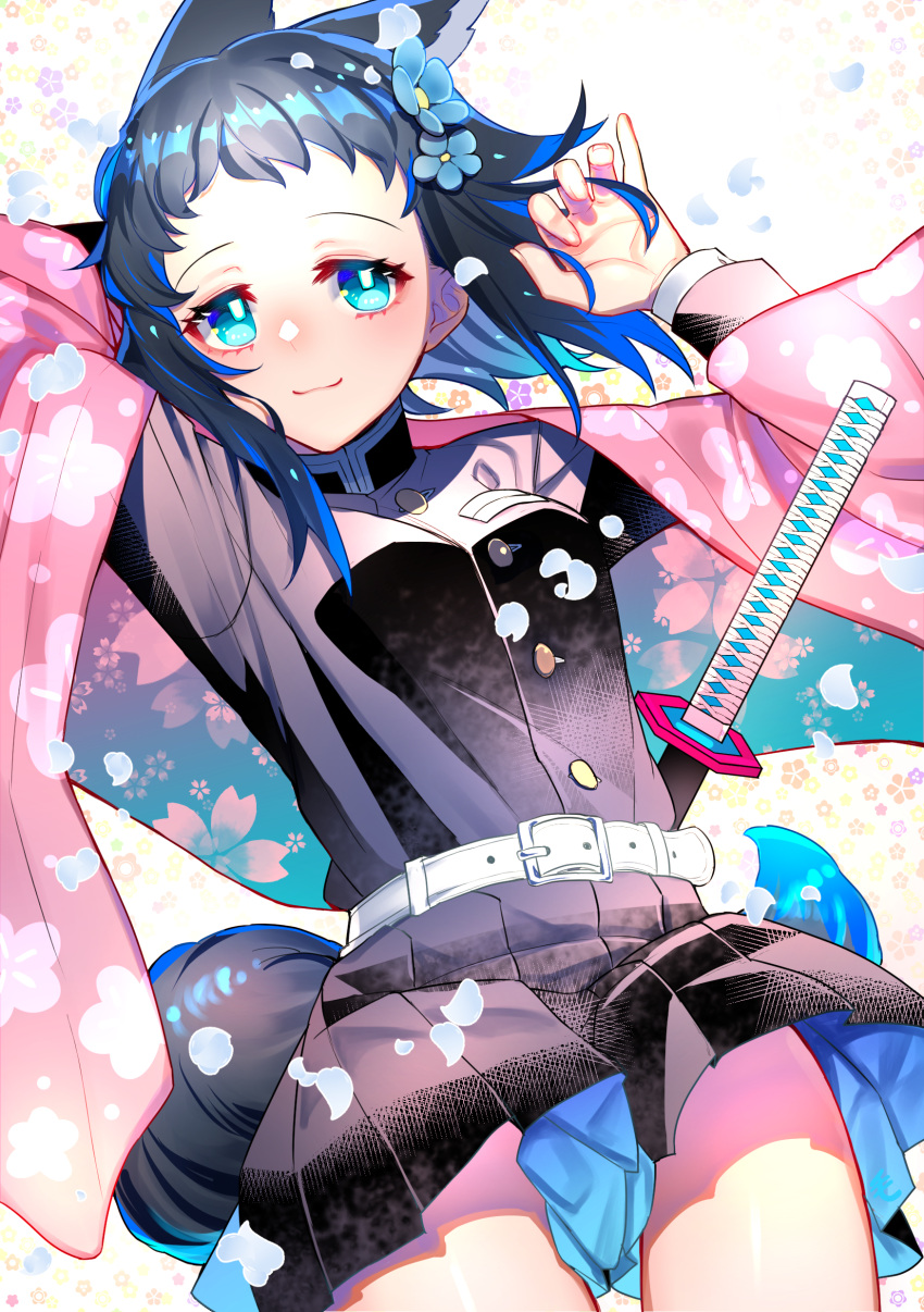 1girl, absurdres, animal_ears, aqua_eyes, arms_up, belt, black_hair, black_skirt