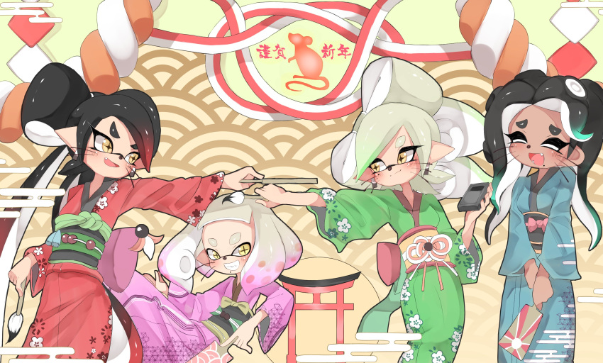 +_+, 4girls, aqua_hair, bangs, black_hair, blue_kimono, blunt_bangs, brown_eyes
