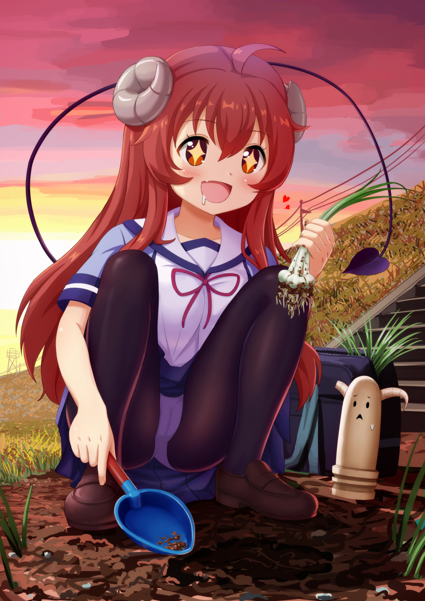 1girl, absurdres, ahoge, black_legwear, blush, broken_horn, brown_hair, cedar_(artist)
