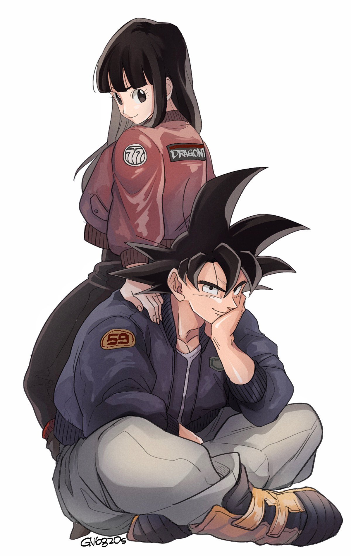 1boy, 1girl, alternate_costume, arm_rest, baggy_pants, bangs, black_eyes, black_hair