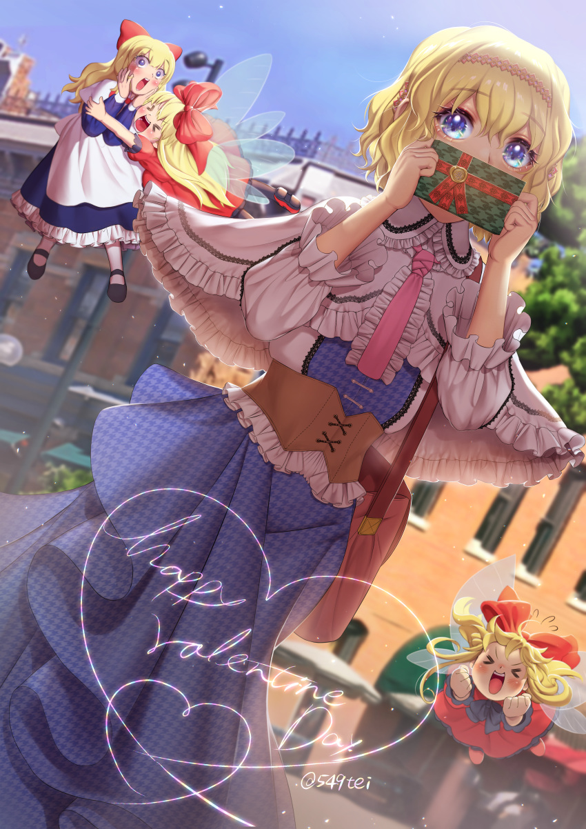 >_<, 3girls, absurdres, adapted_costume, alice_margatroid, apron, arms_up, bag
