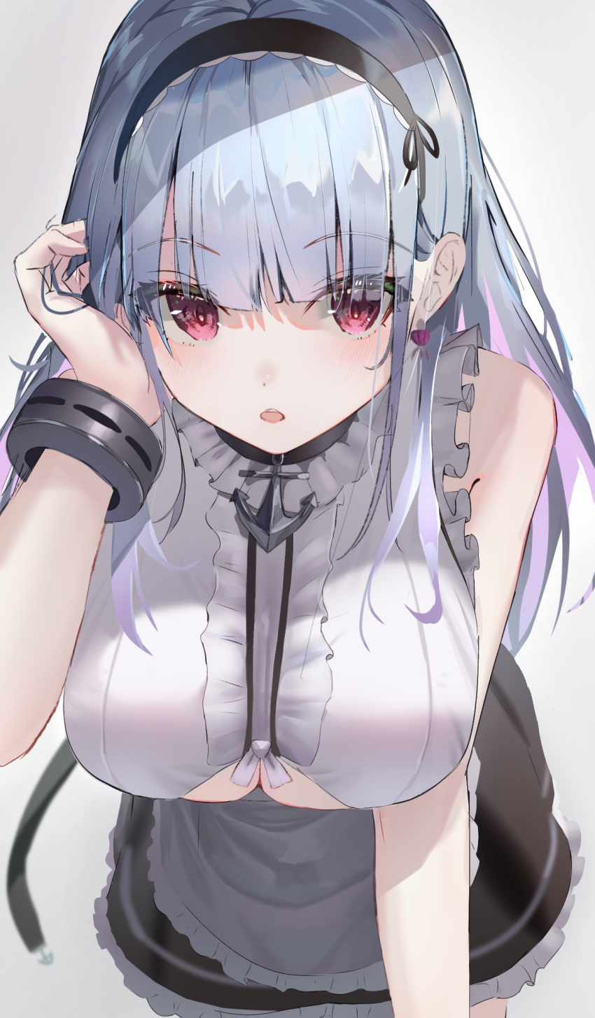 1girl, adjusting_hair, anchor_choker, anchor_necklace, apron, azur_lane, bare_shoulders, black_hairband