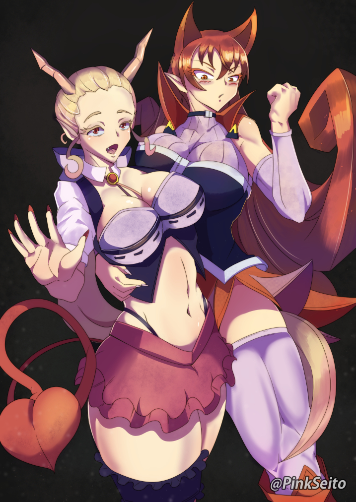 adapted_costume, azazel_ameri, babyls_school_uniform, bare_shoulders, blonde_hair, demon_girl, demon_tail, fangs, heart, heart_tail, horns, mairimashita!_iruma-kun, midriff, nail_polish, navel, pink_seitokaichou, red_nails, redhead, school_uniform, sharp_teeth, tail, teeth, x_elisabeth