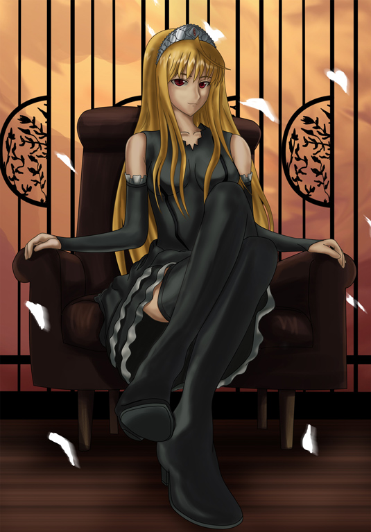 detached_sleeves, ews, hime_(kaibutsu_oujo), kaibutsu_oujo, lilianne, long_hair, red_eyes, thigh-highs