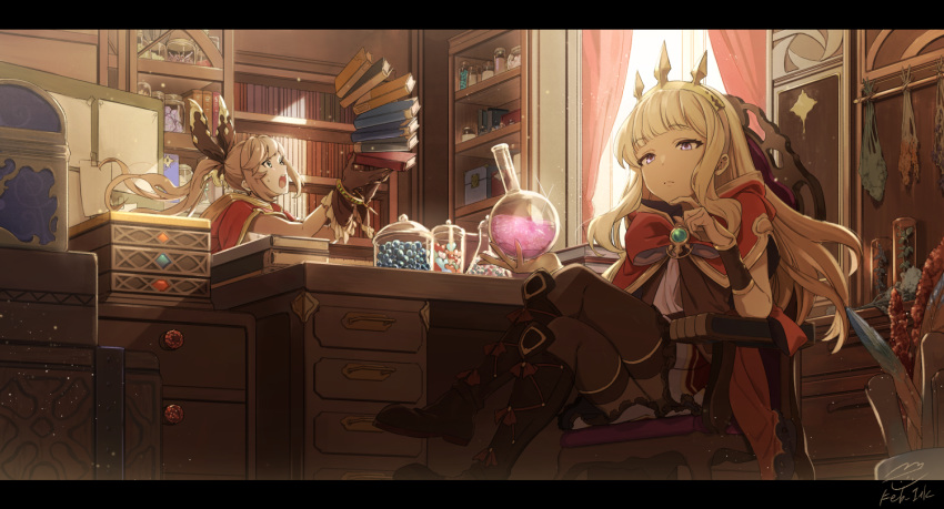 2girls, :o, armchair, bangs, blonde_hair, blunt_bangs, book, book_stack
