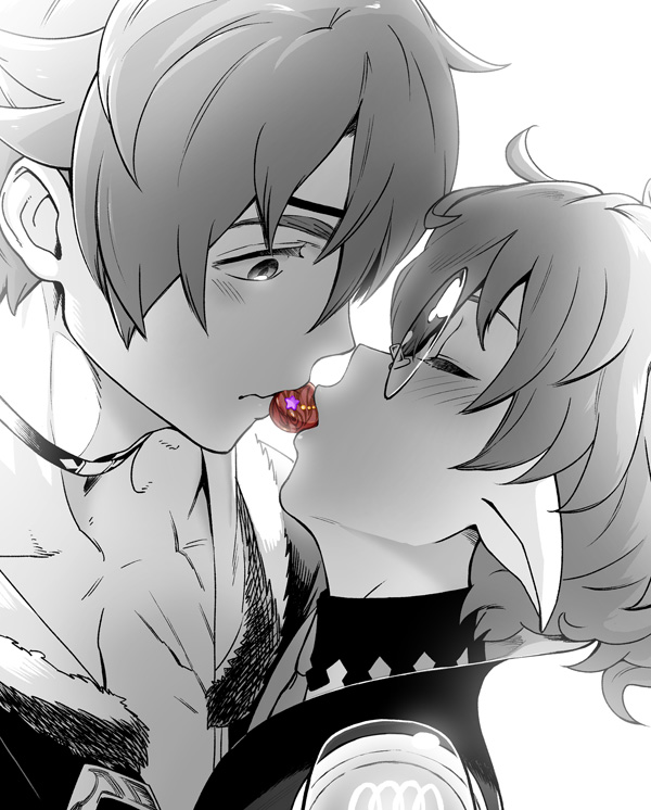 1boy, 1girl, blush, chocolate, closed_eyes, hetero, kiss, monochrome