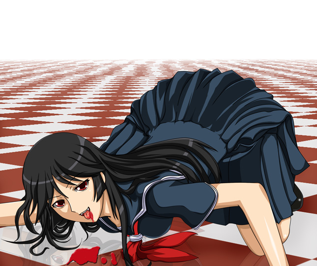 blood, ews, fangs, kaibutsu_oujo, kamura_reiri, red_eyes, sailor_fuku, school_uniform, vampire