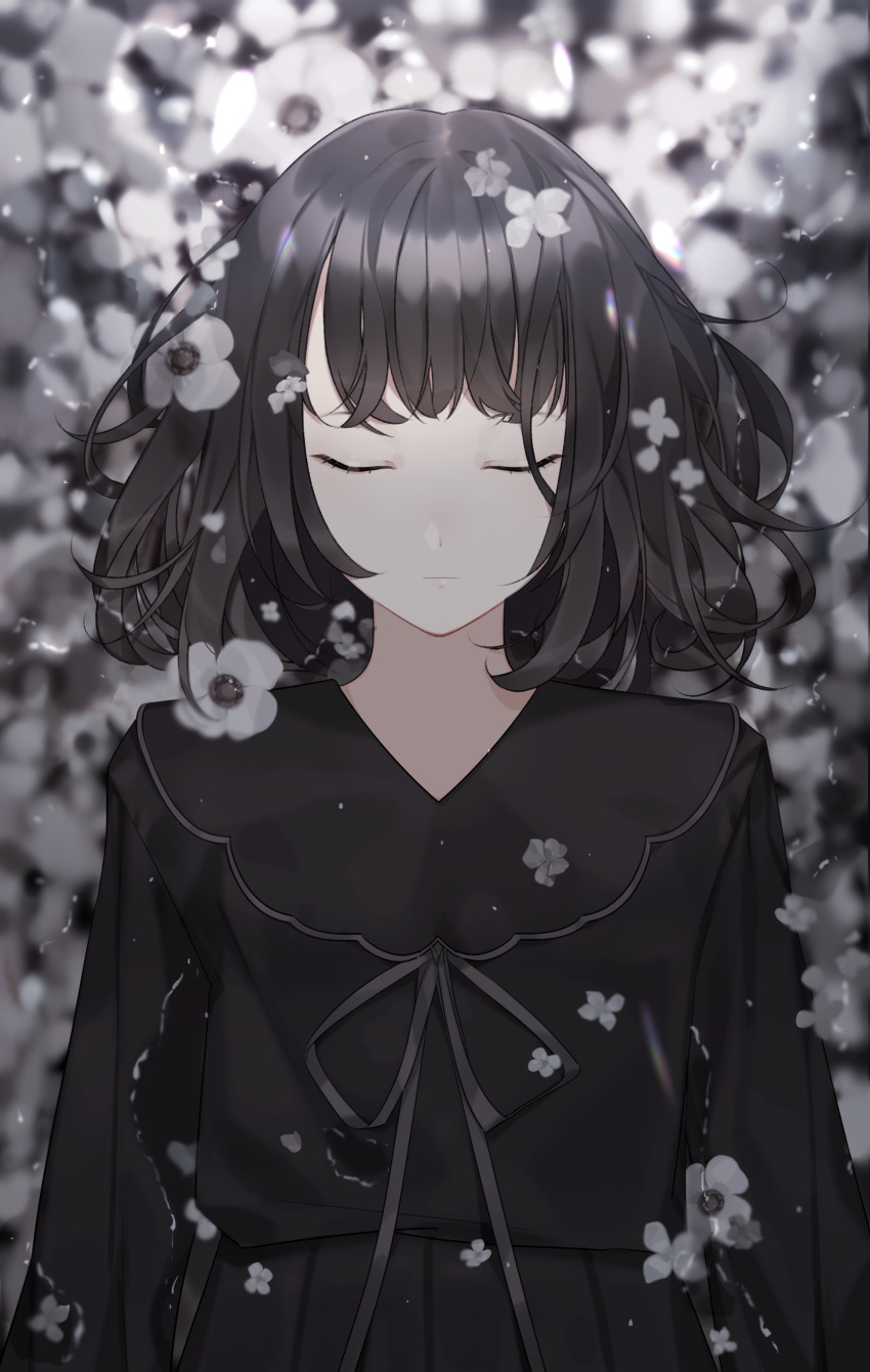 1girl, absurdres, bangs, black_dress, bow, brown_hair, closed_eyes, dress