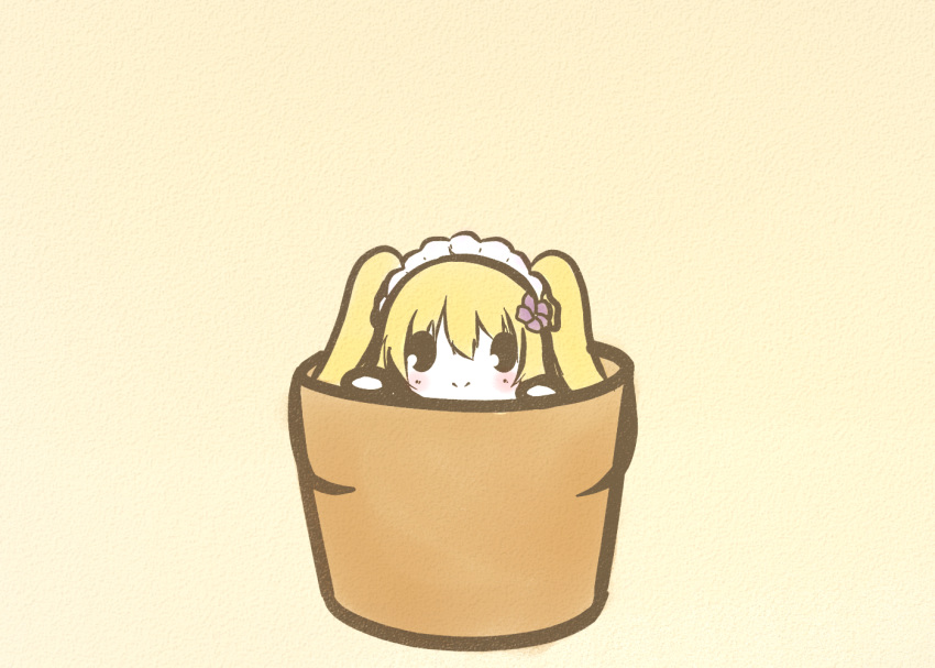 1girl, beige_background, blonde_hair, blush, chibi, commentary, flower, flower_knight_girl, flower_pot, hair_flower, hair_ornament, heliotrope_(flower), heliotrope_(flower_knight_girl), in_container, koti, long_hair, looking_at_viewer, maid_headdress, purple_flower, smile, solid_oval_eyes, solo, twintails