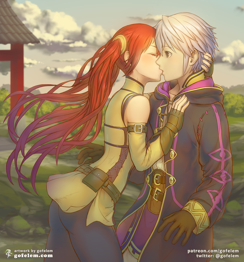 1boy, 1girl, fire_emblem, fire_emblem_awakening, kiss, nintendo, outdoors, redhead