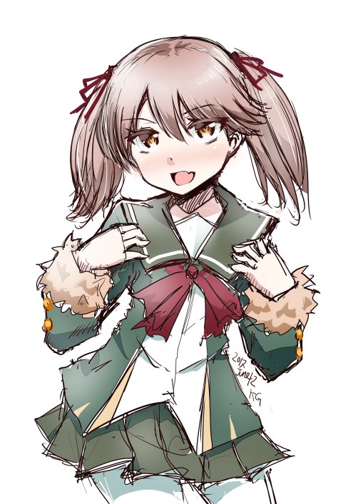 1girl, brown_eyes, brown_hair, cosplay, fang, fur-trimmed_sleeves, fur_trim, green_jacket
