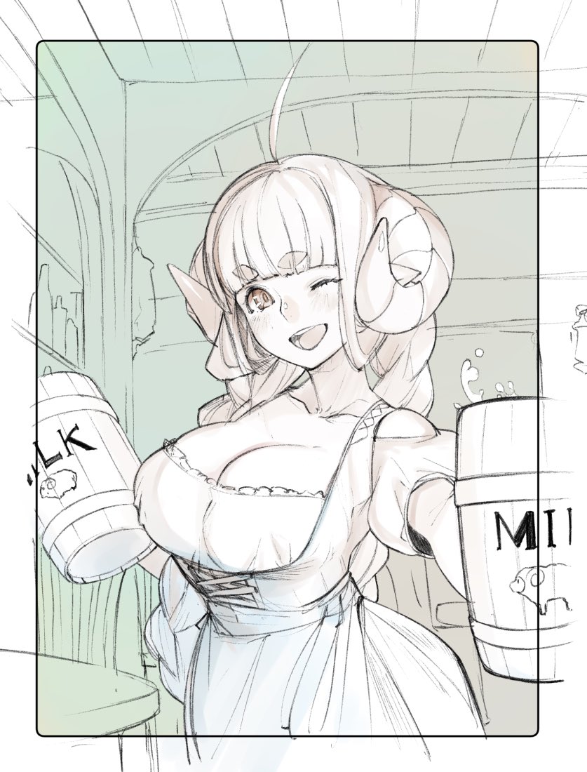 1girl, ahoge, anila_(granblue_fantasy), braid, breasts, cup, dirndl, draph, german_clothes, granblue_fantasy, horns, large_breasts, long_hair, masato_(mirai_koubou), milk, mug, one_eye_closed, sketch, thick_eyebrows