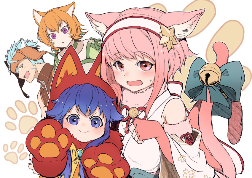 1boy, 3girls, animal_hood, bell, blue_eyes, blue_hair, cat_day, cat_hood, cat_tail, closed_mouth, facial_mark, fingerless_gloves, fire_emblem, fire_emblem:_path_of_radiance, fire_emblem:_the_blazing_blade, fire_emblem_fates, fire_emblem_heroes, from_side, fur_trim, gloves, green_eyes, hairband, halloween_costume, highres, hood, japanese_clothes, lethe_(fire_emblem), lilina_(fire_emblem), long_hair, multiple_girls, nakabayashi_zun, open_mouth, orange_hair, pink_eyes, pink_gloves, pink_hair, ranulf_(fire_emblem), sakura_(fire_emblem), short_hair, smile, tail, violet_eyes