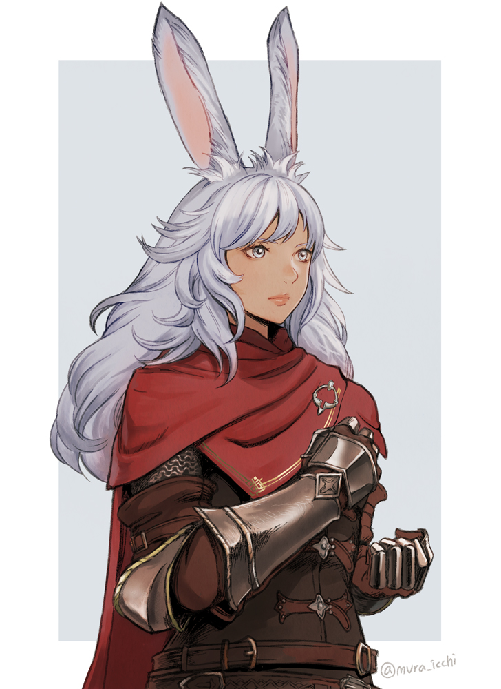 1girl, animal_ear_fluff, animal_ears, armor, bunny_girl, clenched_hand, cloak, dark_skin, final_fantasy, final_fantasy_xiv, gauntlets, grey_eyes, long_hair, lyna_(ff14), messy_hair, muraicchi_(momocchi), rabbit_ears, solo, upper_body, viera, white_hair