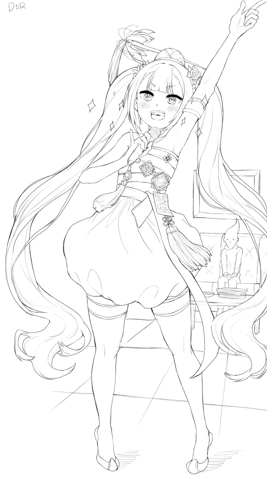 1boy, 1girl, arm_up, armpits, bare_shoulders, blush, book, book_stack, closed_mouth, couch, destiny_child, dress, eyebrows_visible_through_hair, flower, ggroo12, greyscale, hair_bun, hair_flower, hair_ornament, highres, holding, holding_microphone, indoors, lineart, long_hair, microphone, monochrome, open_mouth, picture_frame, pointing, short_eyebrows, signature, sitting, solo_focus, sparkle, standing, table, teeth, thigh-highs, tongue, twintails, upper_teeth