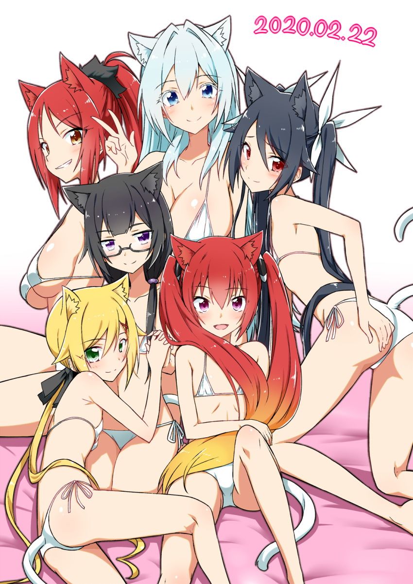 6+girls, animal_ears, bangs, bed_sheet, bikini, black_hair, blonde_hair, blue_eyes, breasts, cat_day, cat_ears, cat_girl, cat_tail, collarbone, commentary_request, dated, eyebrows_visible_through_hair, flat_chest, glasses, gradient_hair, green_eyes, grin, hair_between_eyes, hair_ribbon, hand_on_own_ass, highres, holding_hands, iisuna_anko, iwabane_yuno, knee_up, large_breasts, long_hair, looking_at_viewer, lying, medium_breasts, multicolored_hair, multiple_girls, orange_eyes, ore_twintail_ni_narimasu, ponytail, red_eyes, redhead, ribbon, shindou_erina, sidelocks, silver_hair, simple_background, smile, swept_bangs, swimsuit, tail, tailred, tsube_aika, twintails, twoearle, v, very_long_hair, violet_eyes, white_background, white_bikini, yuto_(dialique)