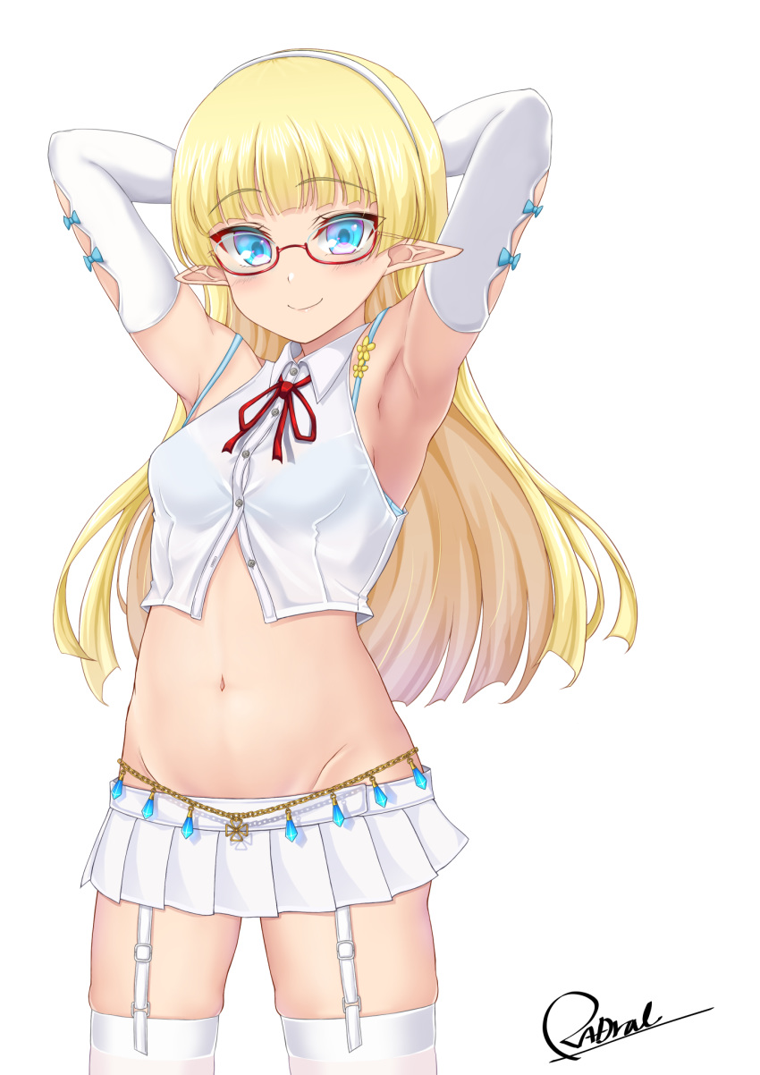 1girl, armpits, arms_behind_head, arms_up, bare_shoulders, blonde_hair, blue_bra, blue_eyes