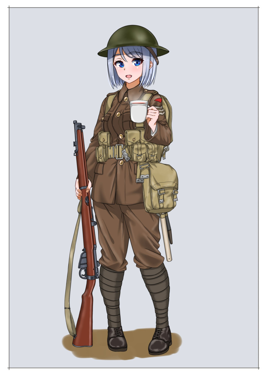 1girl, backpack, bag, blue_eyes, british, brodie_helmet, commentary, cup