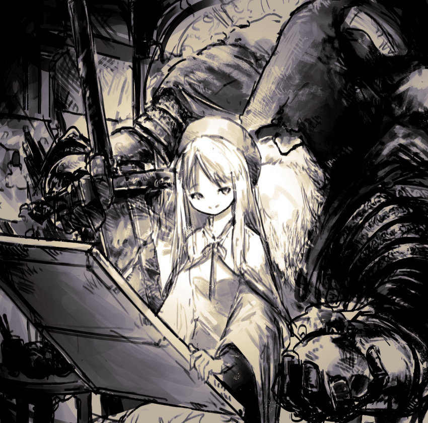 1boy, 1girl, age_difference, armor, canvas_(object), cape, dark_souls_iii, facial_hair
