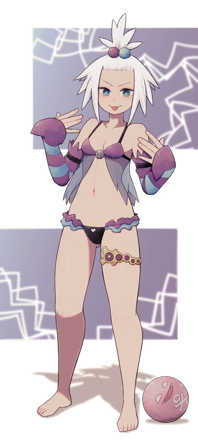 1girl, :p, alternate_costume, badge, ball, beachball, bikini, black_bikini_bottom