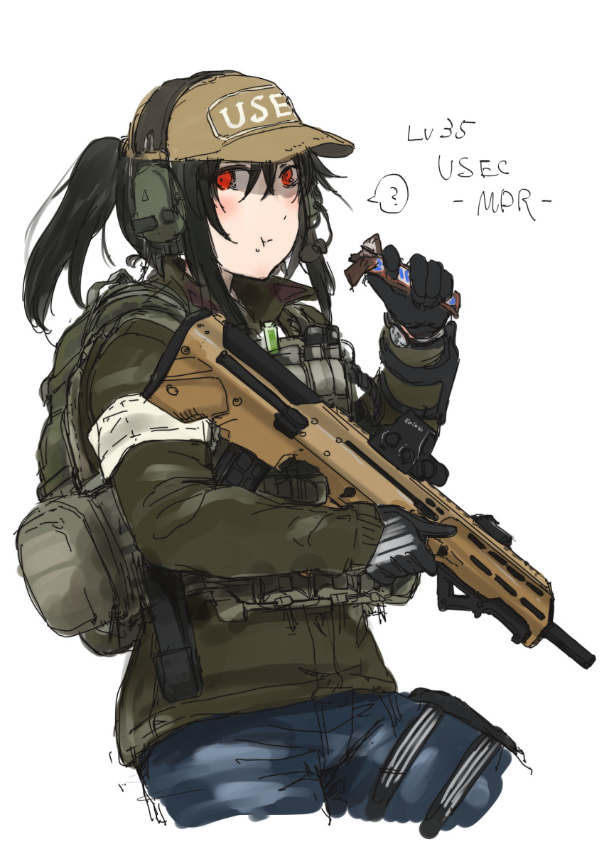 1girl, ?, assault_rifle, ayyh, backpack, bag, baseball_cap, black_hair