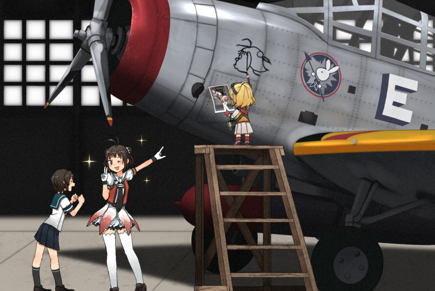 3girls, aircraft, airplane, annin_musou, antenna_hair, black_hair, black_neckwear, blonde_hair