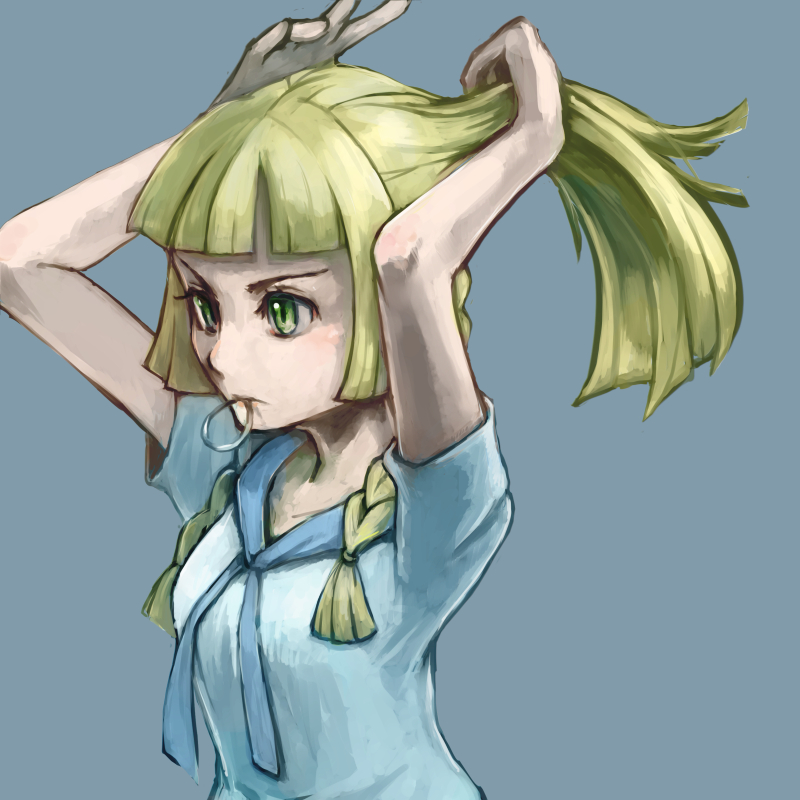 1girl, blonde_hair, breasts, commentary_request, furrowed_eyebrows, grey_background, lillie_(pokemon), looking_away