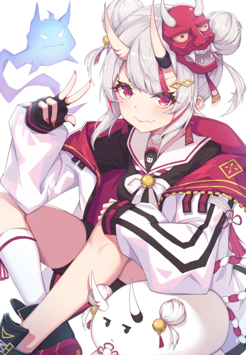 alternate_costume, alternate_hairstyle, casual, commentary_request, double_bun, fang, fingerless_gloves, gloves