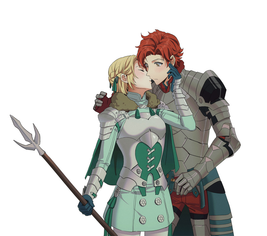 1boy, 1girl, armor, bangs, blonde_hair, blue_gloves, blush, braid