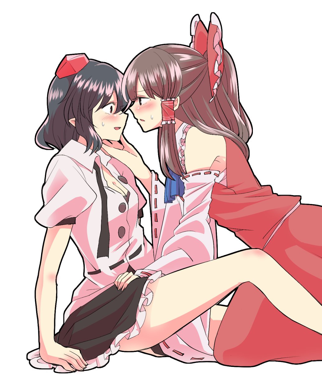 2girls, bare_shoulders, black_hair, blush, bow, brown_hair, commentary_request, detached_sleeves