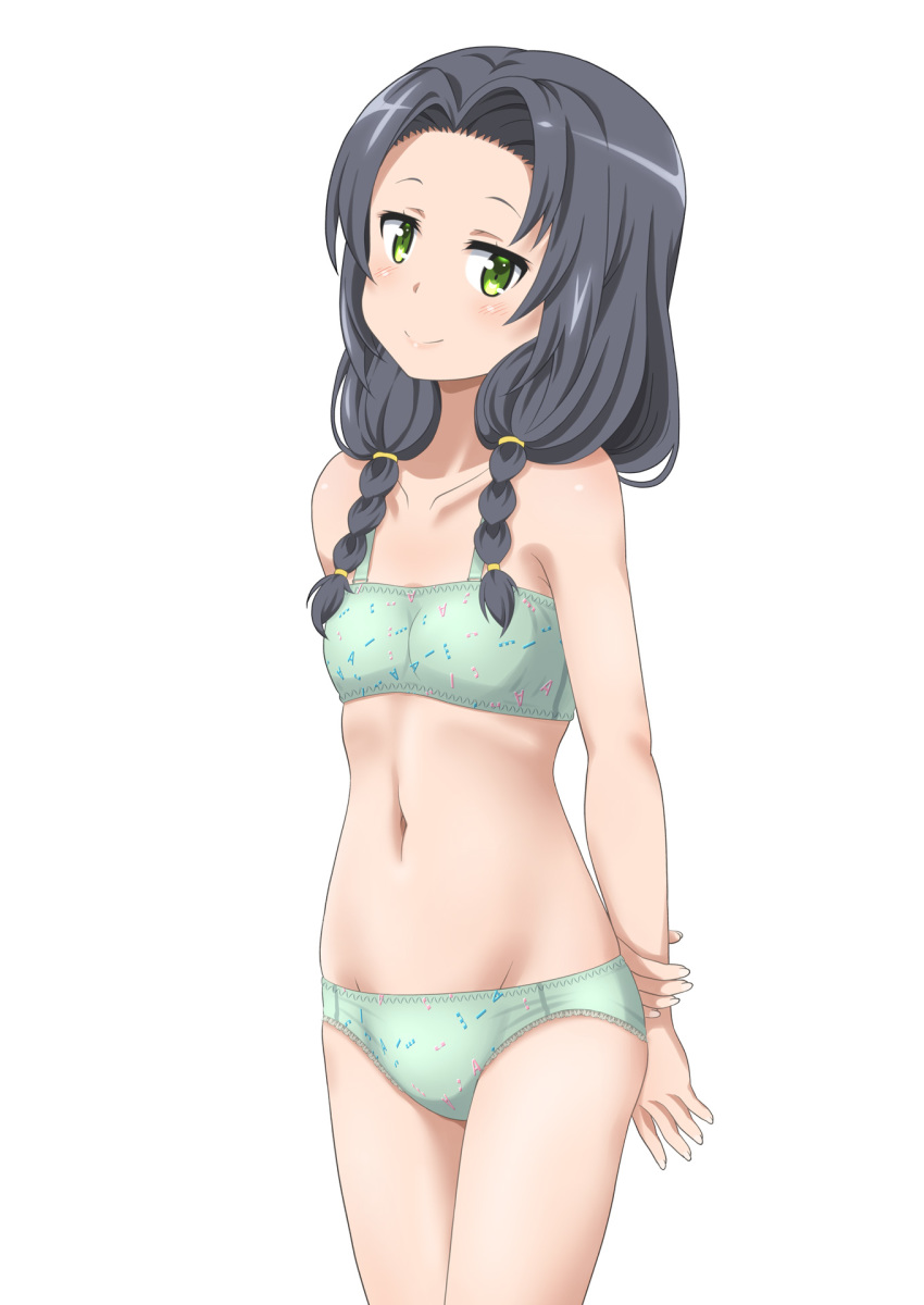 1girl, arms_behind_back, black_hair, bra, braid, breasts, collarbone, green_bra