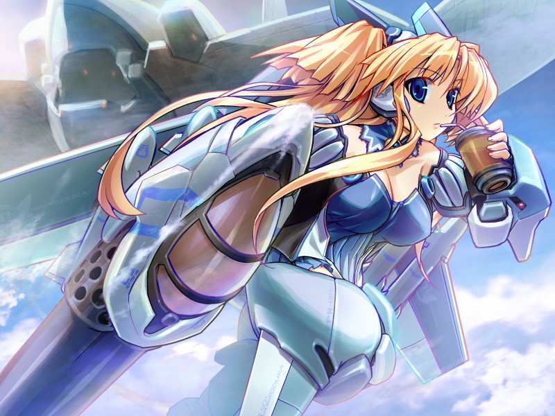 blue_eyes, breasts, choker, cleavage, cloud, clouds, drink, gadget_trial, long_hair, mecha_musume, sky, souka