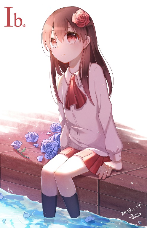 1girl, blue_flower, blue_rose, brown_hair, closed_mouth, dress, flower, ib