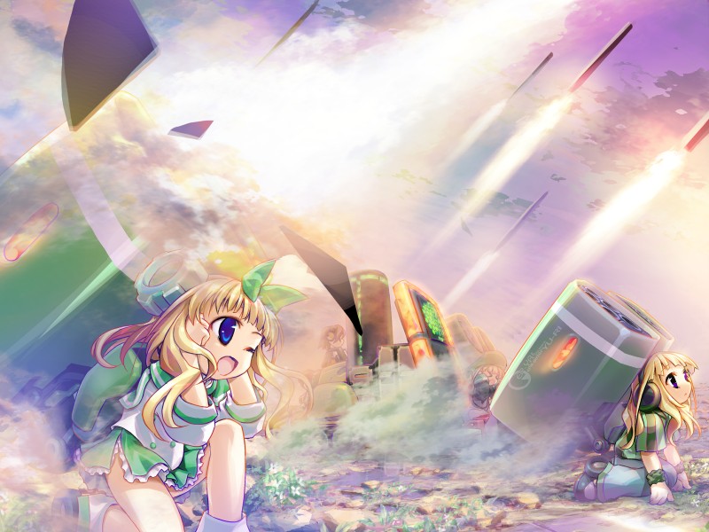 800x600, blonde_hair, bow, gadget_trial, green, mecha_musume, rocket, yu-ri