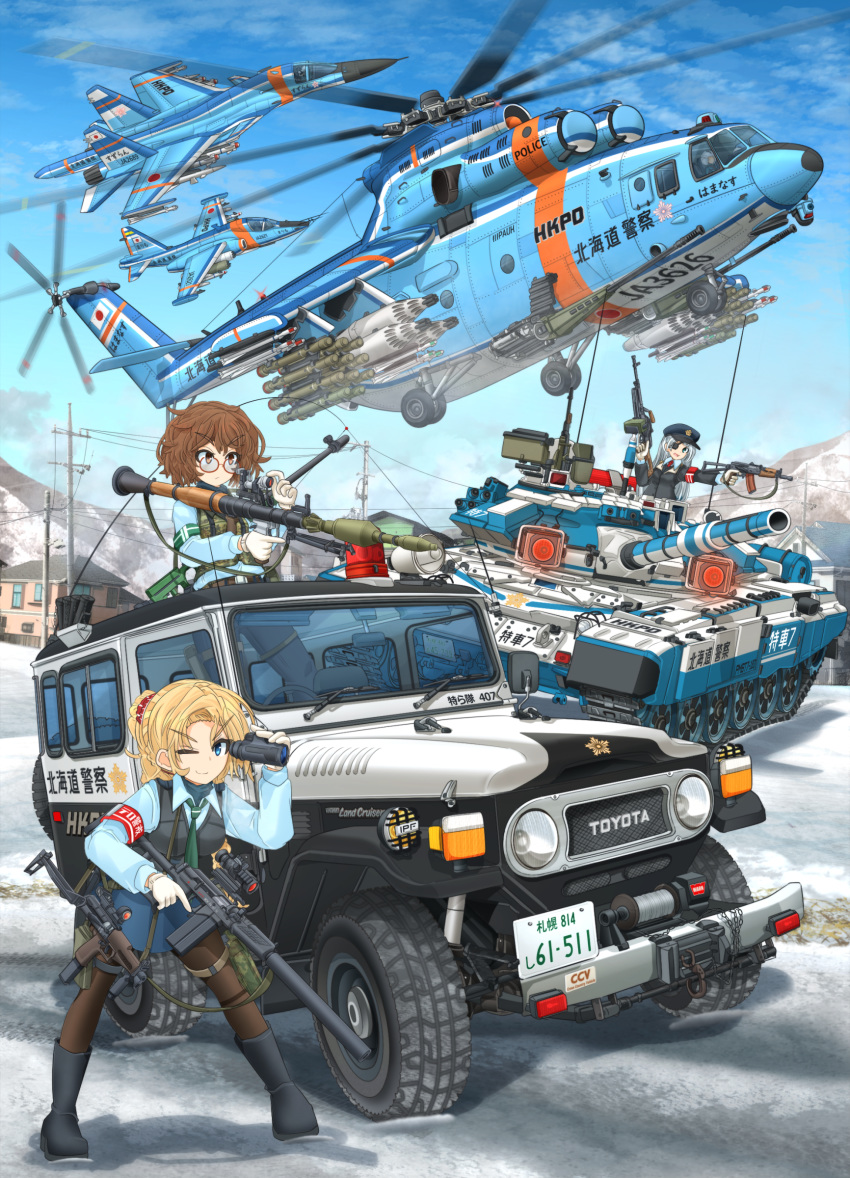 3girls, 9a-91, ;), absurdres, aircraft, airplane, ak-47, aks-74u, armband, assault_rifle, bangs, black_collar, black_footwear, black_legwear, black_pants, blonde_hair, blue_eyes, blue_shirt, blue_skirt, blue_sky, boots, brown-framed_eyewear, brown_eyes, brown_hair, bulletproof_vest, camouflage, closed_mouth, clouds, cloudy_sky, collar, commentary_request, day, dress_shirt, dual_wielding, emblem, english_text, eyebrows_visible_through_hair, eyepatch, fighter_jet, foot_up, glasses, gloves, green_eyes, green_neckwear, ground_vehicle, gun, hair_ornament, hair_scrunchie, hat, helicopter, highres, holding, holding_gun, holding_weapon, house, japanese_flag, jeep, jet, logo, long_hair, long_sleeves, looking_at_viewer, machine_gun, messy_hair, mi-26, mikeran_(mikelan), military, military_vehicle, motion_blur, motor_vehicle, multiple_girls, multiple_others, necktie, nsv, one_eye_closed, original, outdoors, pants, pantyhose, peaked_cap, pkm, police, police_hat, police_uniform, policewoman, ponytail, power_lines, red_neckwear, red_scrunchie, rifle, rocket_launcher, round_eyewear, roundel, rpg, rpg-7, scope, scrunchie, shirt, short_hair, silver_hair, skirt, sky, smile, snow, sr-2, standing, su-25, su-34, submachine_gun, sv-98, t-90, tactical_clothes, tank, thigh_pouch, thigh_strap, toyota, toyota_land_cruiser, translated, trigger_discipline, uniform, utility_pole, weapon, weapon_request, white_gloves, wing_collar