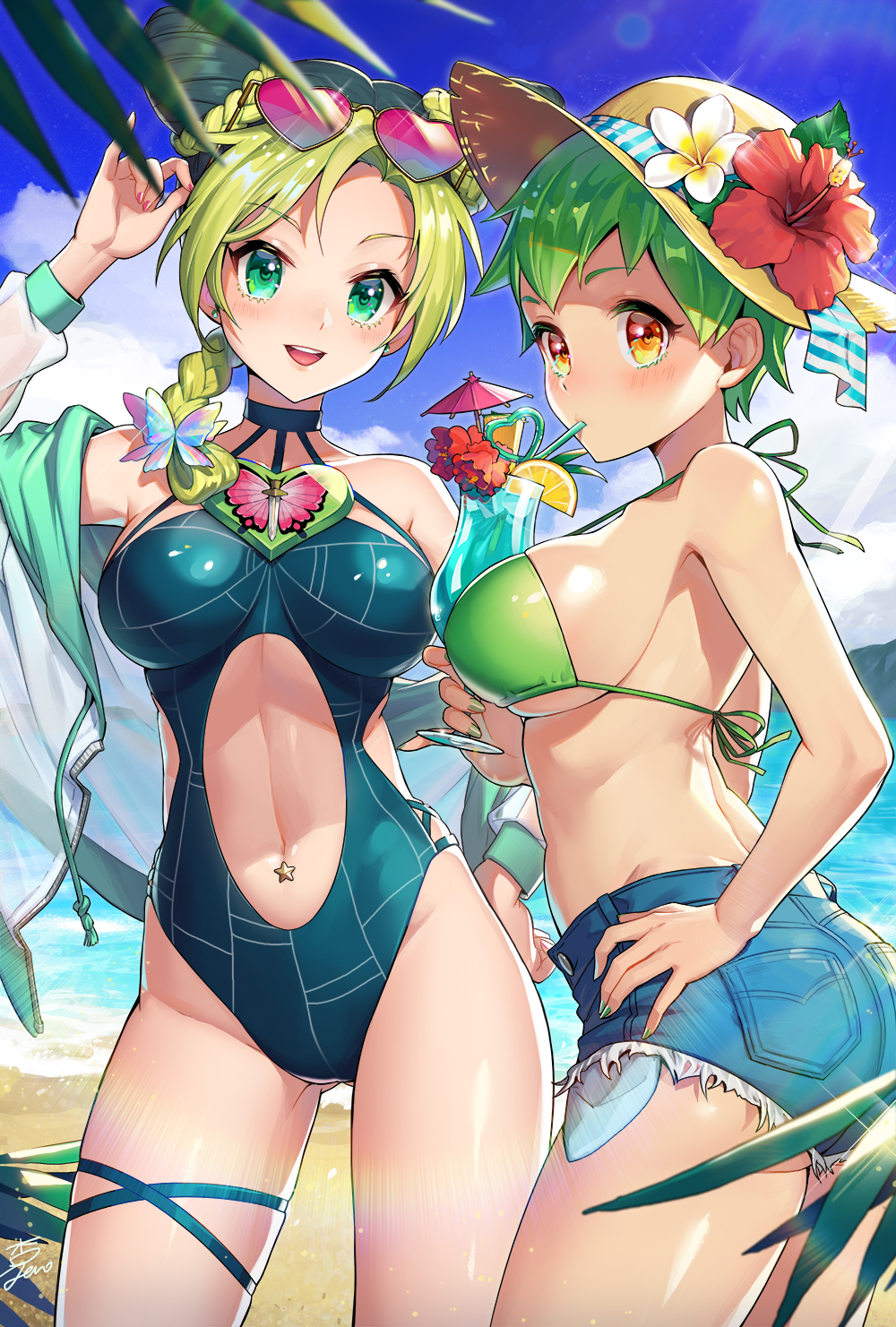 2girls, adapted_costume, beach, bikini_top, black_hair, blonde_hair, blue_sky, blush